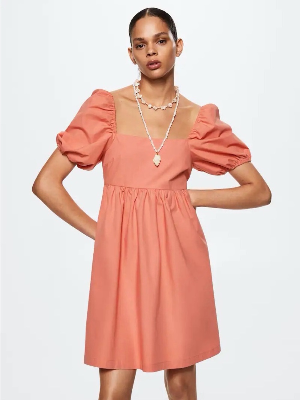 NWT Mango Miri Puffed Sleeve Mini Dress - Coral Pink 100% Cotton - Size XS